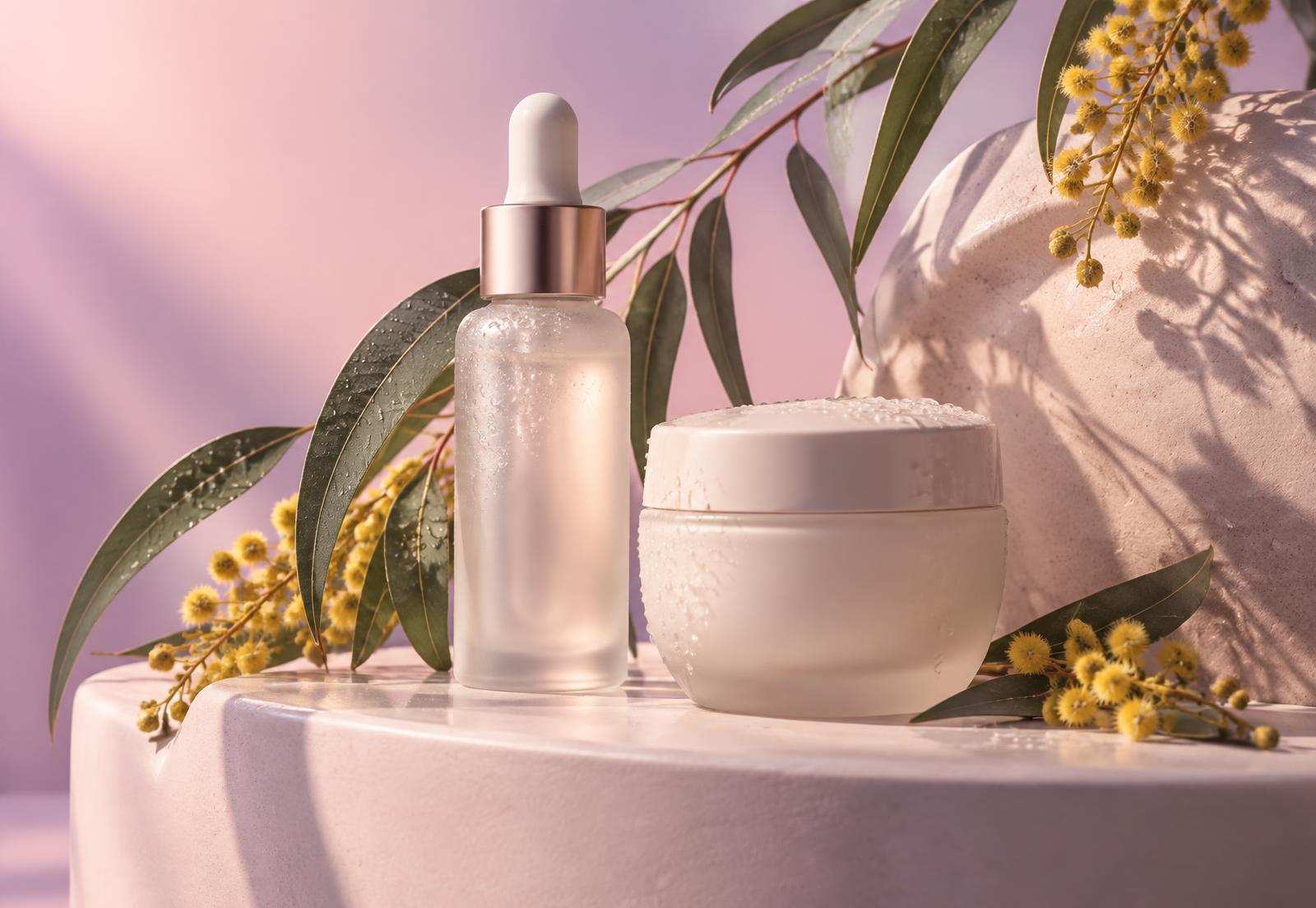 Skincare bottles with Australian native botanicals in pink and violet light
